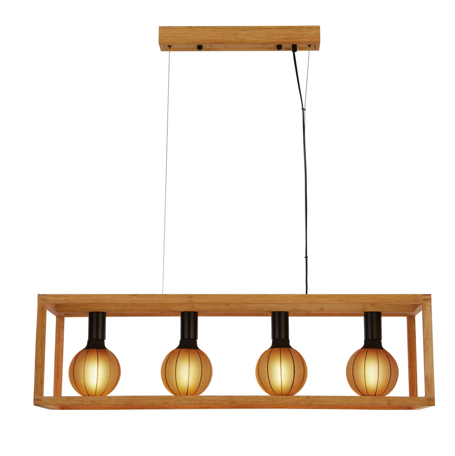 Lámpara colgante cuadrada, 4 luces, 90 cm de largo, bambú, E27