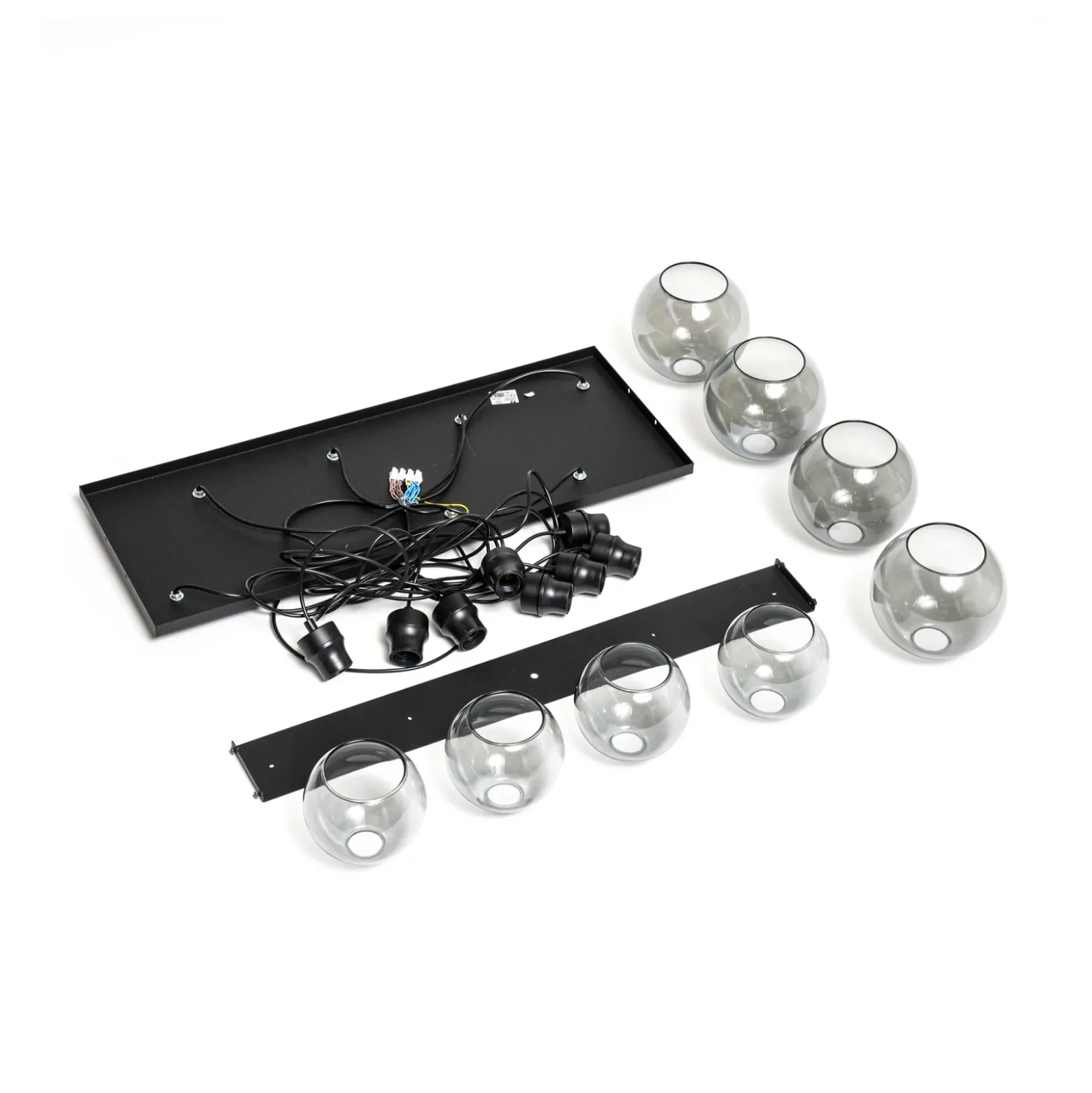 Lámpara colgante Cubus, 95 cm de largo, 8 luces, gris humo, cristal