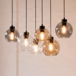 Lámpara colgante Cubus, 74 cm, 6 luces, transparente/miel/marrón, cristal