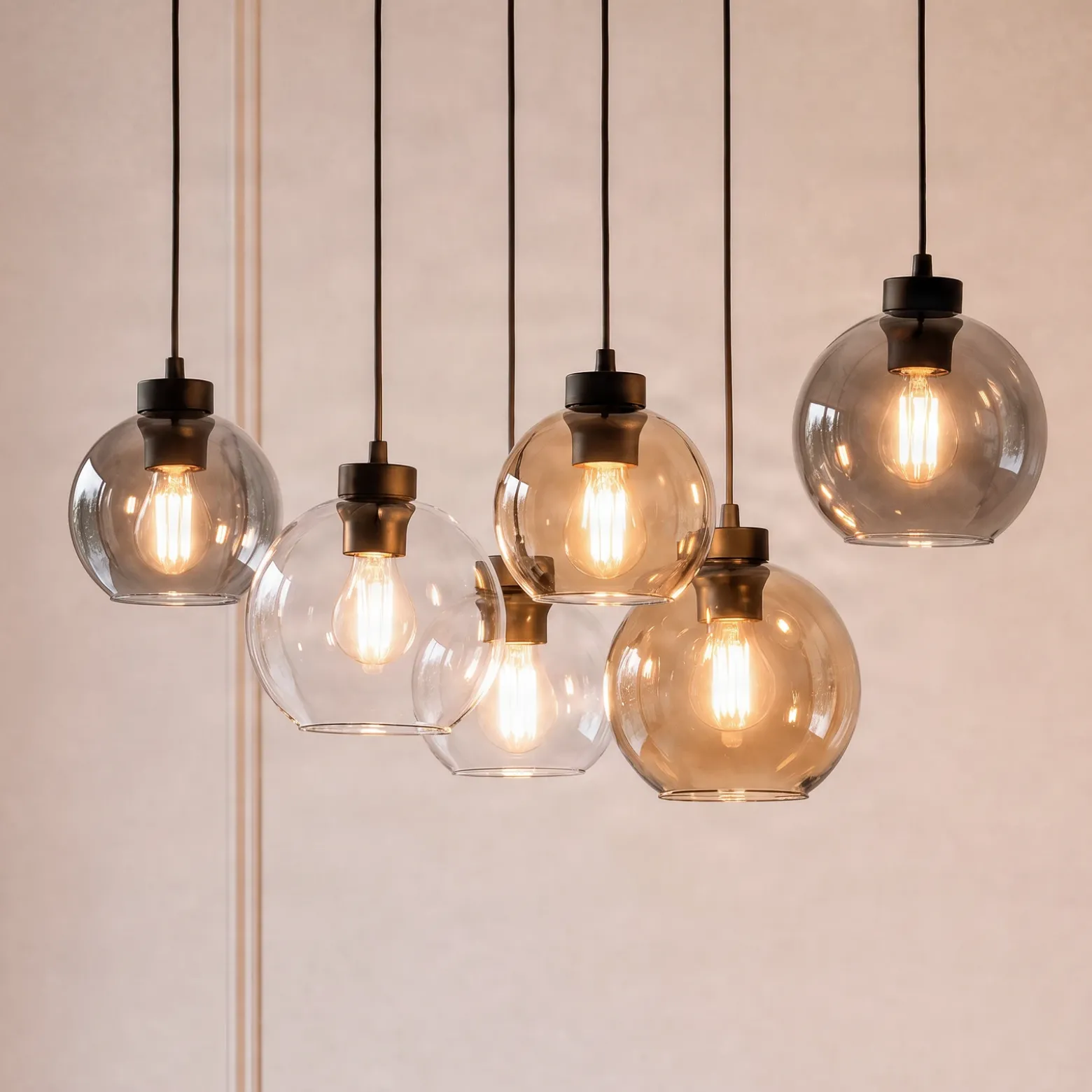 Lámpara colgante Cubus, 74 cm, 6 luces, transparente/miel/marrón, cristal