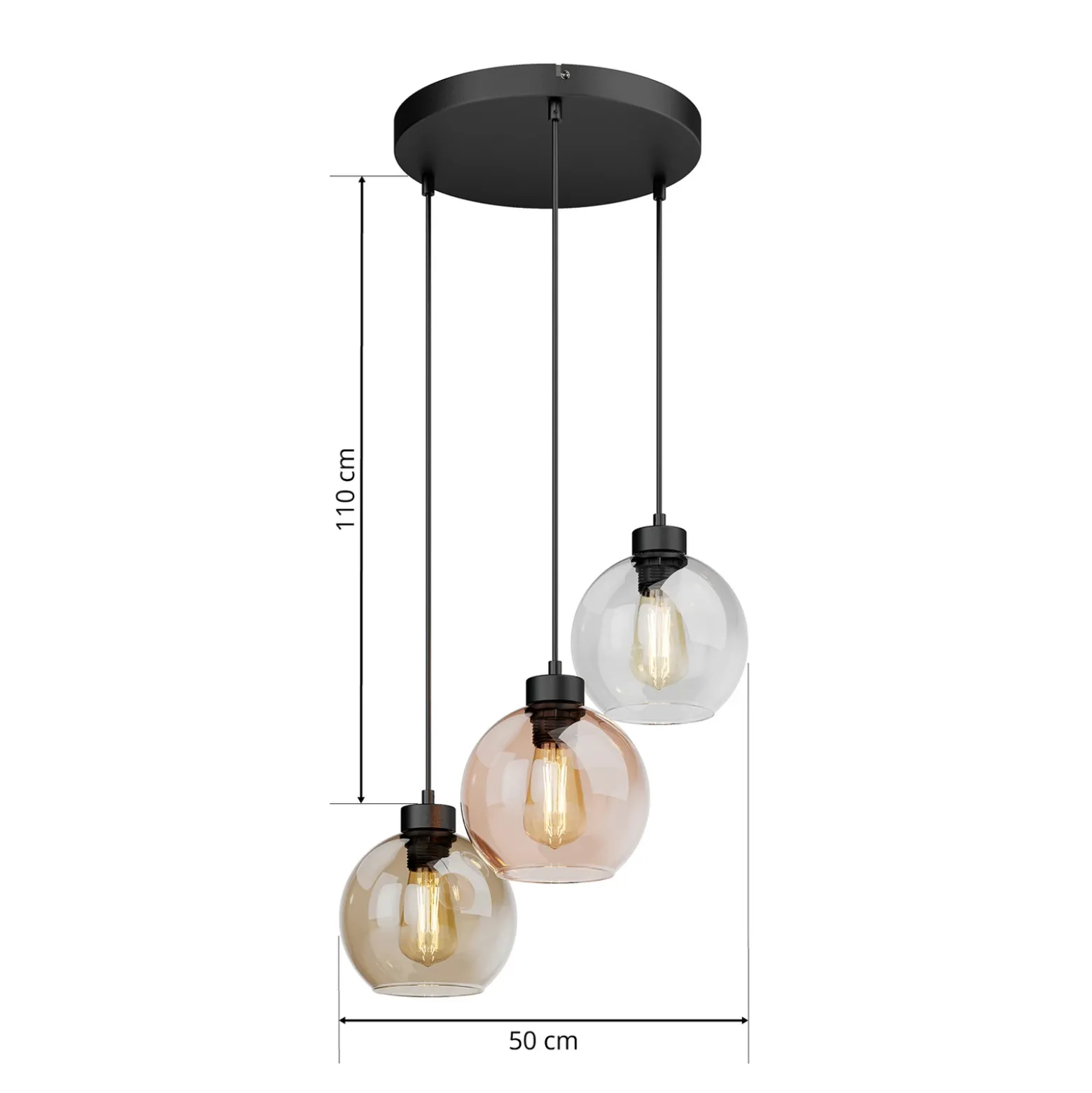 Lámpara colgante Cubus, Ø 50 cm, 3 luces, transparente/marrón miel, cristal