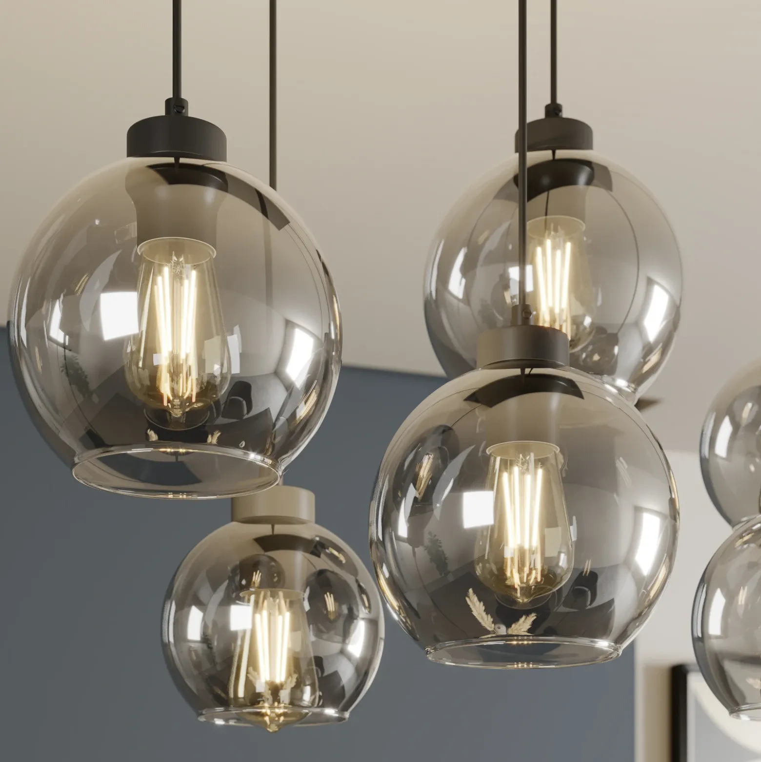 Lámpara colgante Cubus, gris humo, cristal, 74 cm de largo, 6 luces