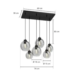 Lámpara colgante Cubus, gris humo, cristal, 74 cm de largo, 6 luces