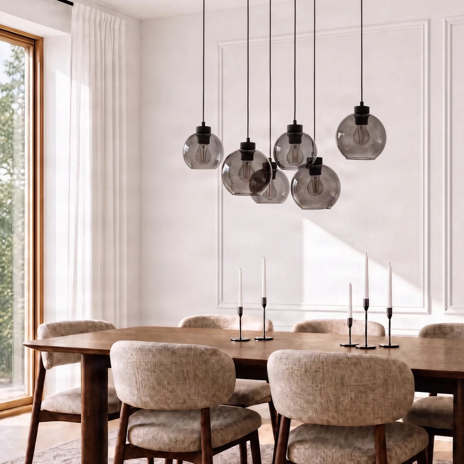 Lámpara colgante Cubus, gris humo, cristal, 74 cm de largo, 6 luces