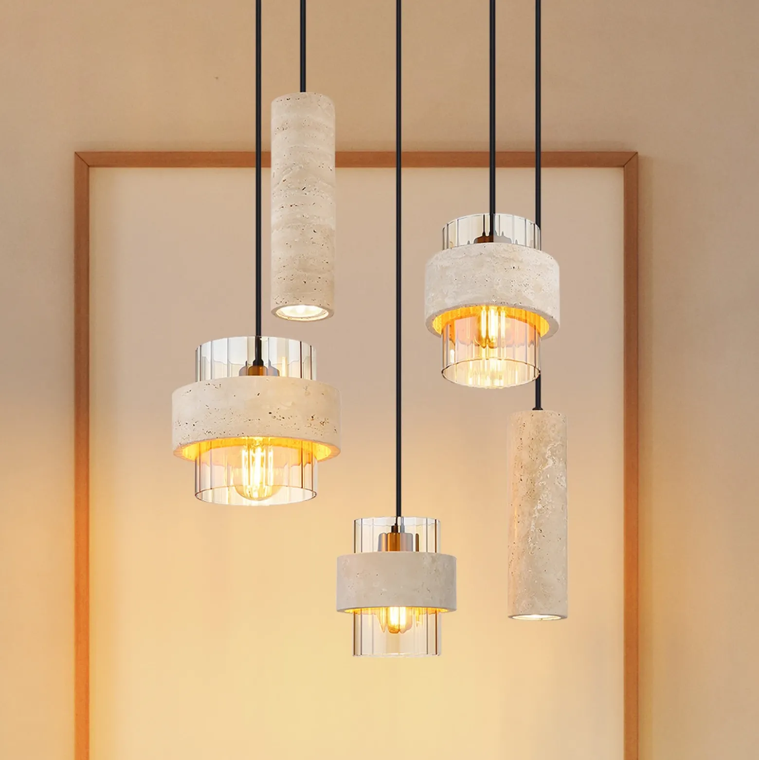 Lámpara colgante Daren, 5 luces, beige/ámbar/negro, E27 + GU10