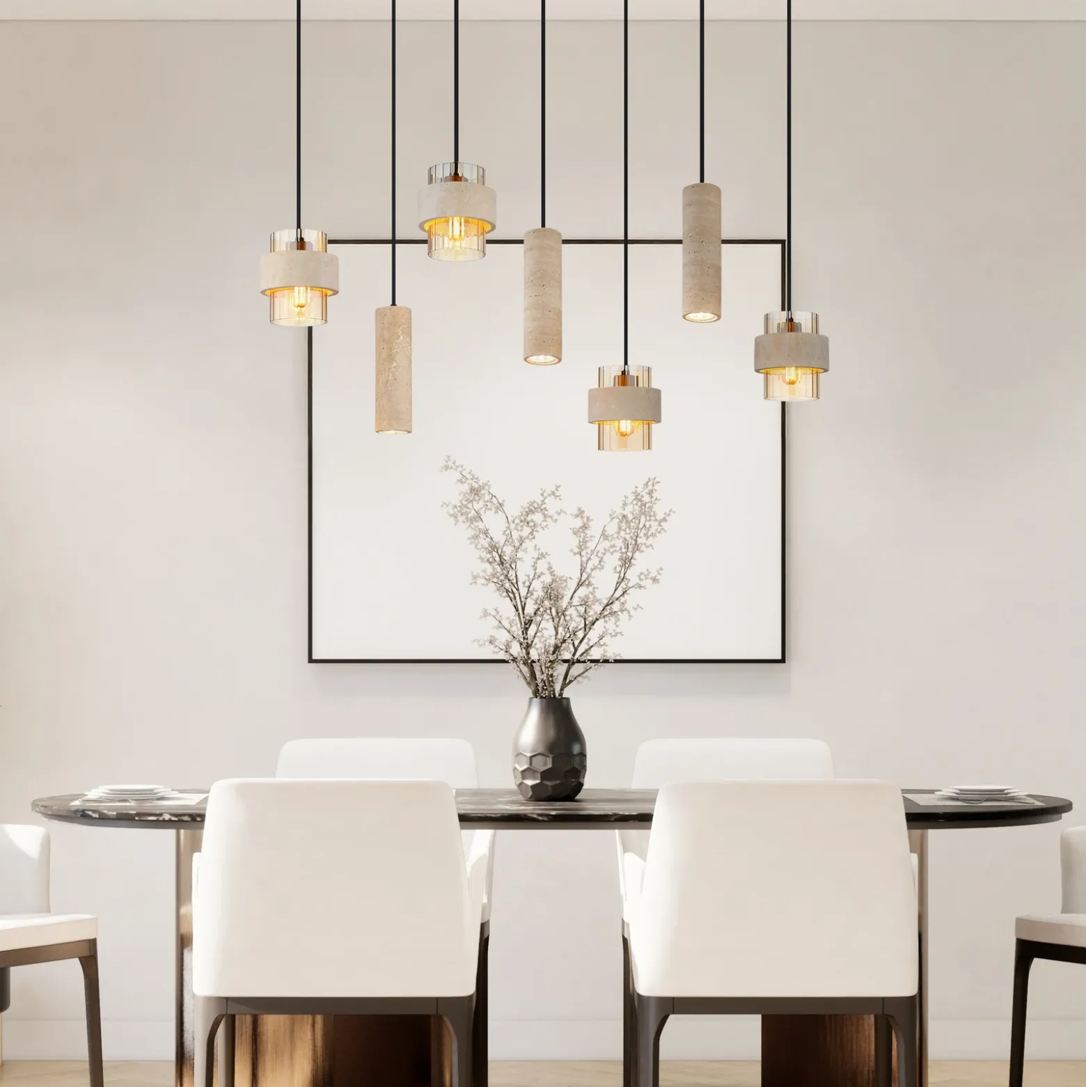Lámpara colgante Daren, 7 luces, beige/ámbar/negro, E27 + GU10