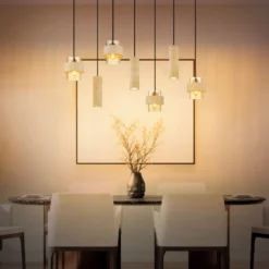 Lámpara colgante Daren, 7 luces, beige/ámbar/negro, E27 + GU10