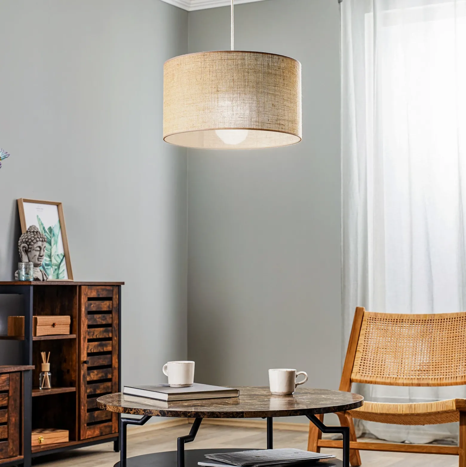 Lámpara colgante de yute cilindro marrón natural Ø40cm 1 luz.