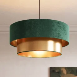 Lámpara colgante Dorina, verde/dorado, Ø 45 cm, tejido, E27