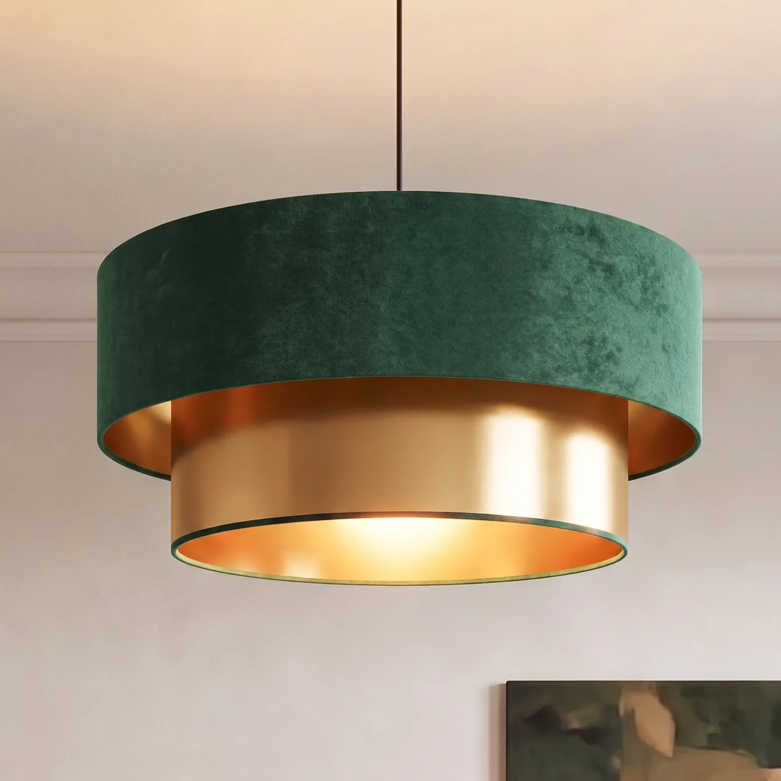 Lámpara colgante Dorina, verde/dorado, Ø 45 cm, tejido, E27