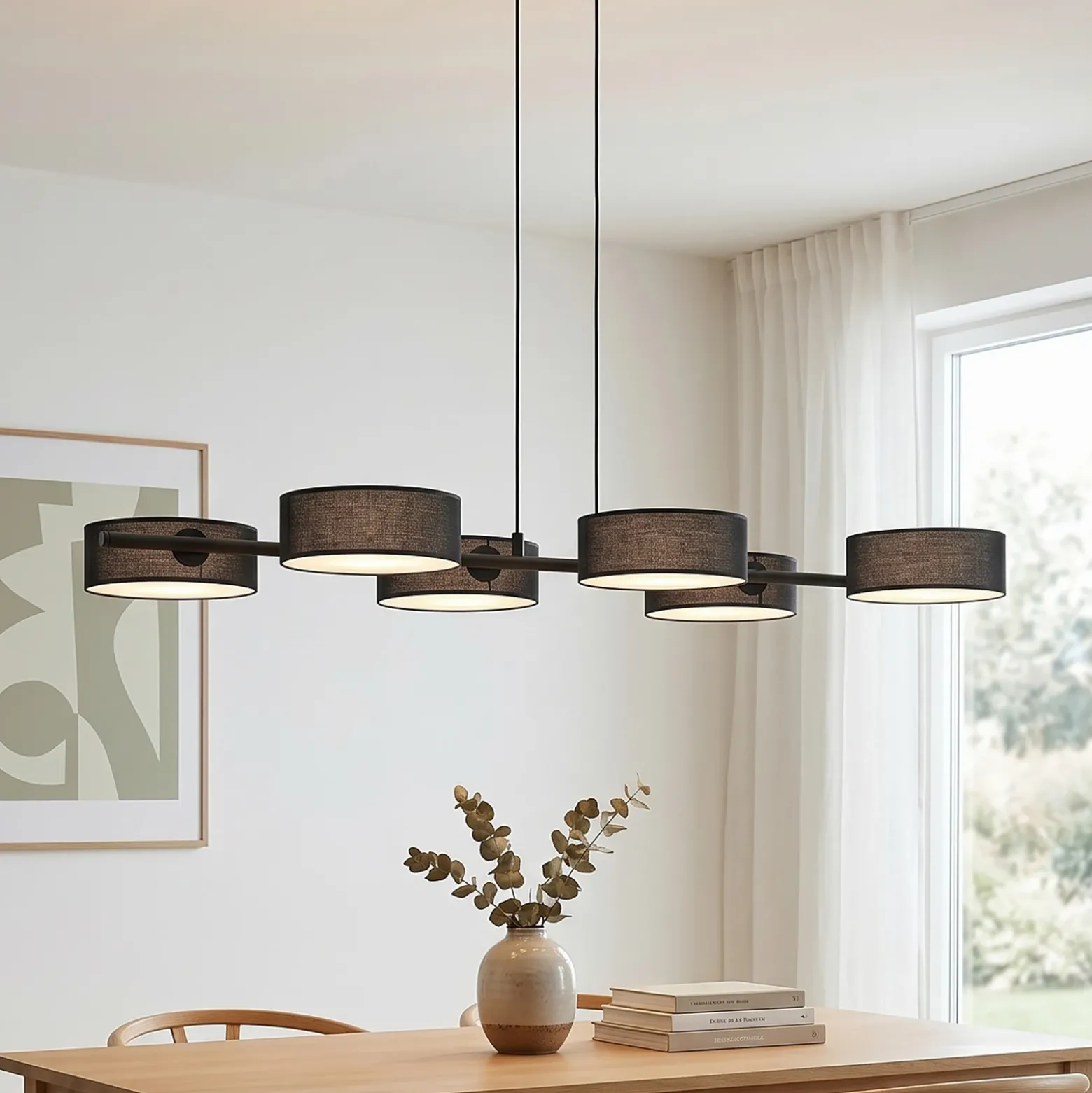 Lámpara colgante DRUMZ, negra, longitud 100 cm, 6 luces, tejido, E14