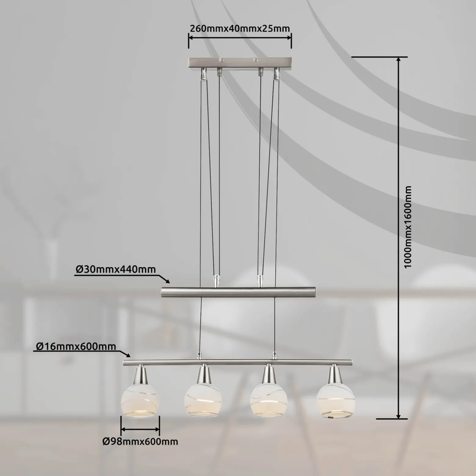Lámpara colgante Elliott, longitud 60 cm, níquel mate, metal/vidrio