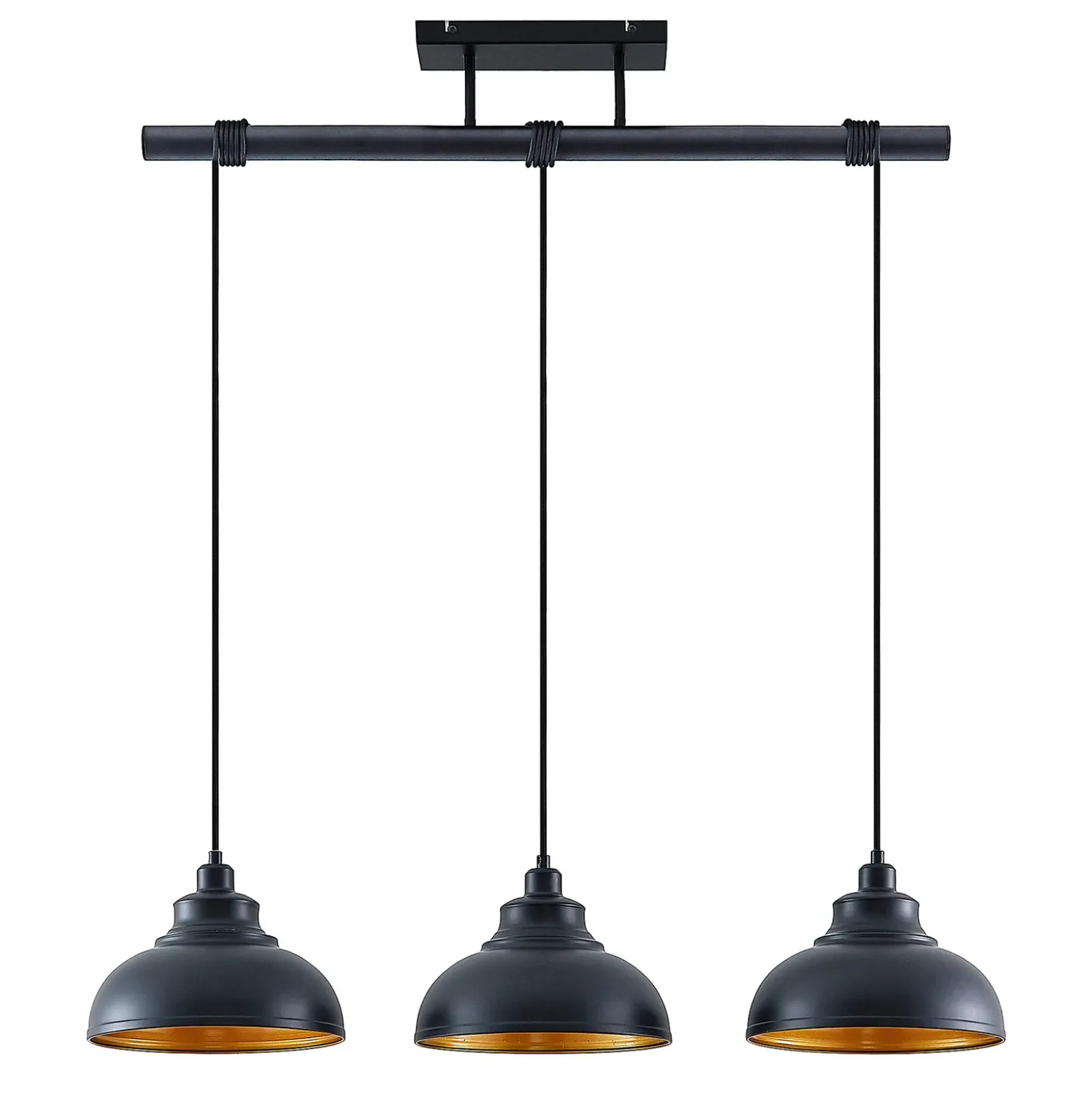 Lámpara colgante Emna de Lindby, 3 luces, negro/dorado, metal, 101 cm