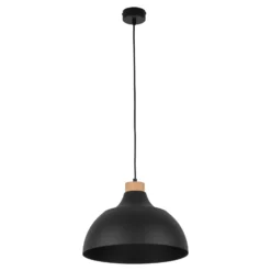 Lámpara colgante Envostar Kaitt, negra, Ø 34 cm, detalle en madera