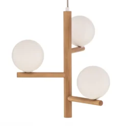 Lámpara colgante Estera, cristal opalino, madera, 3 luces