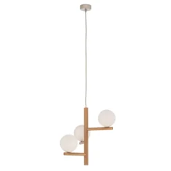 Lámpara colgante Estera, cristal opalino, madera, 3 luces