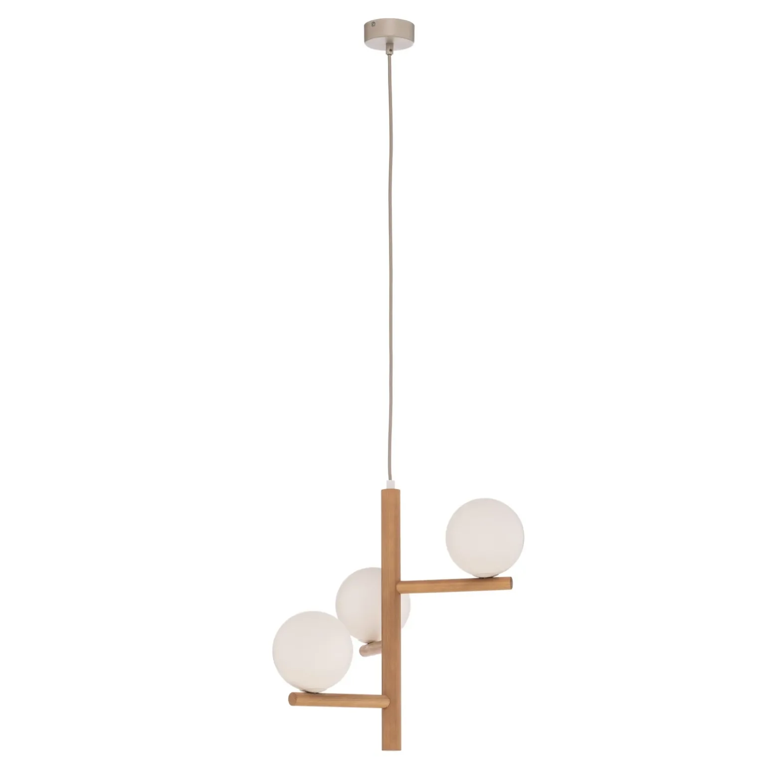 Lámpara colgante Estera, cristal opalino, madera, 3 luces