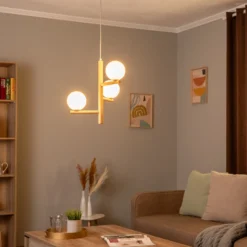 Lámpara colgante Estera, cristal opalino, madera, 3 luces