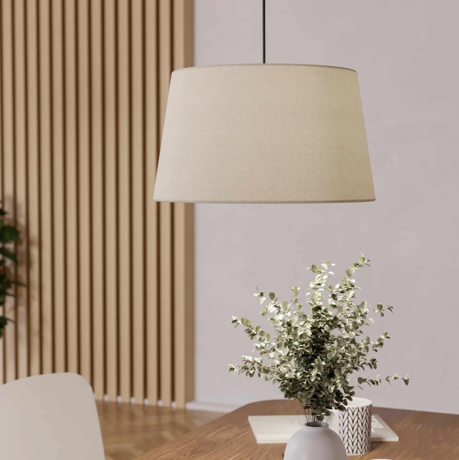 Lámpara colgante Febres, Ø 35 cm, blanco y negro, tela