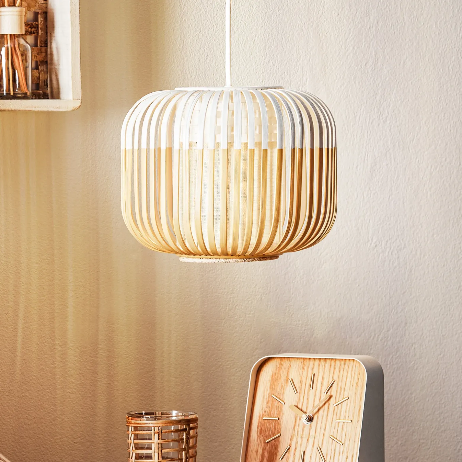 Lámpara colgante Forestier Bamboo XS, Ø 27 cm, blanca