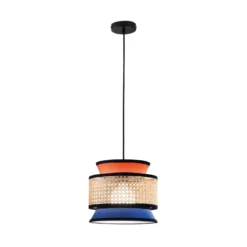 Lámpara colgante Gazebo, naranja/azul/natural, Ø 26 cm, tela/ratán