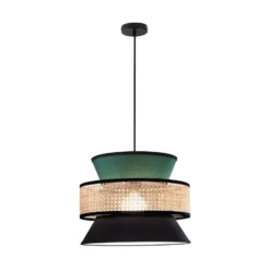 Lámpara colgante Gazebo, verde/negro/natural, Ø 40 cm, tela/ratán