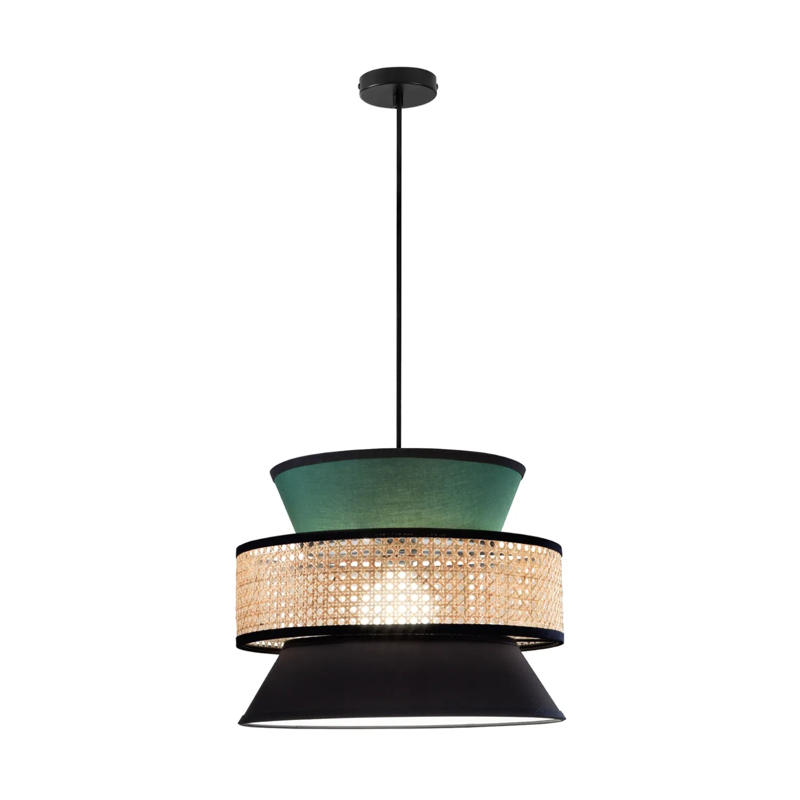 Lámpara colgante Gazebo, verde/negro/natural, Ø 40 cm, tela/ratán