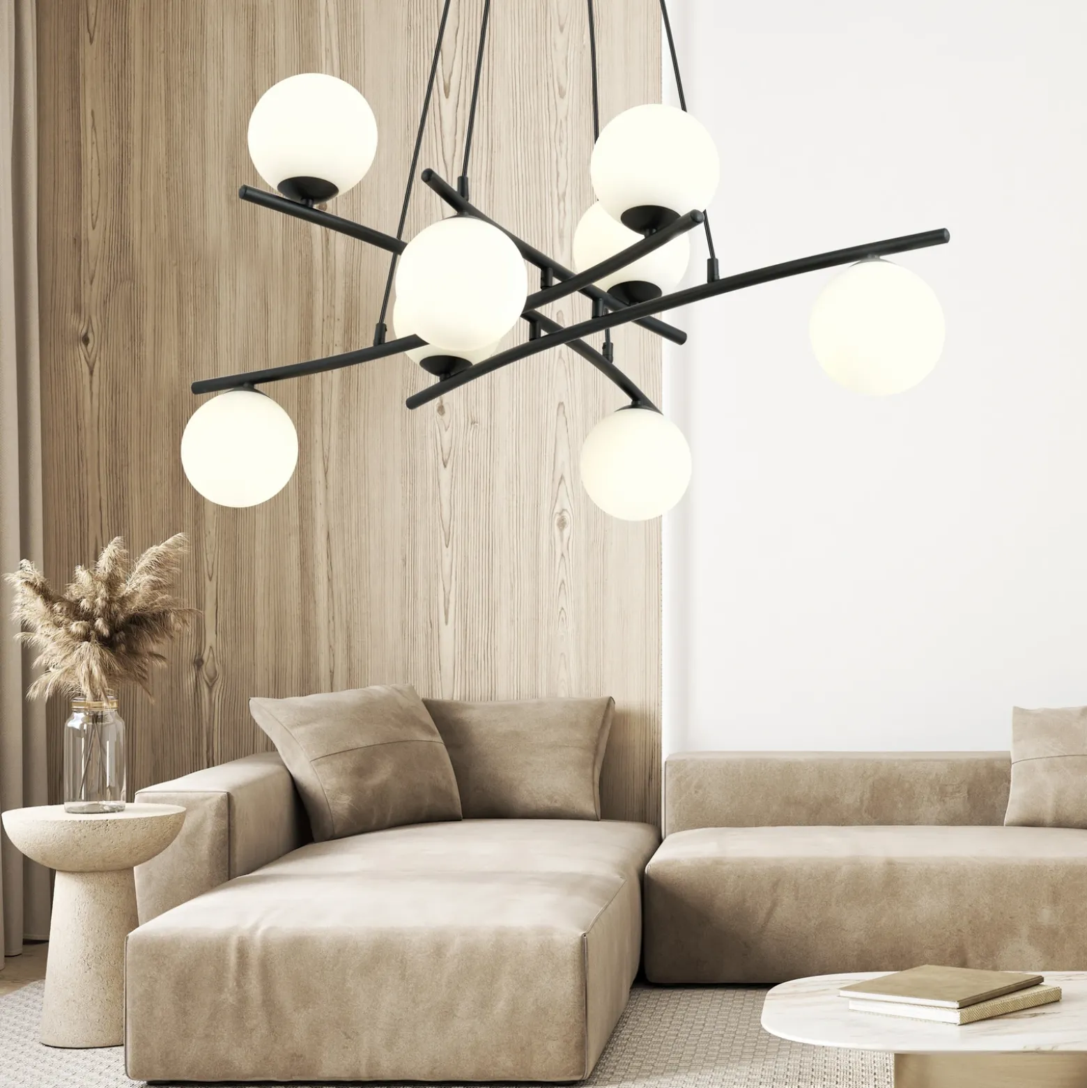 Lámpara colgante Glassy, cristal opalino, 100 cm, 8 luces, cruzadas