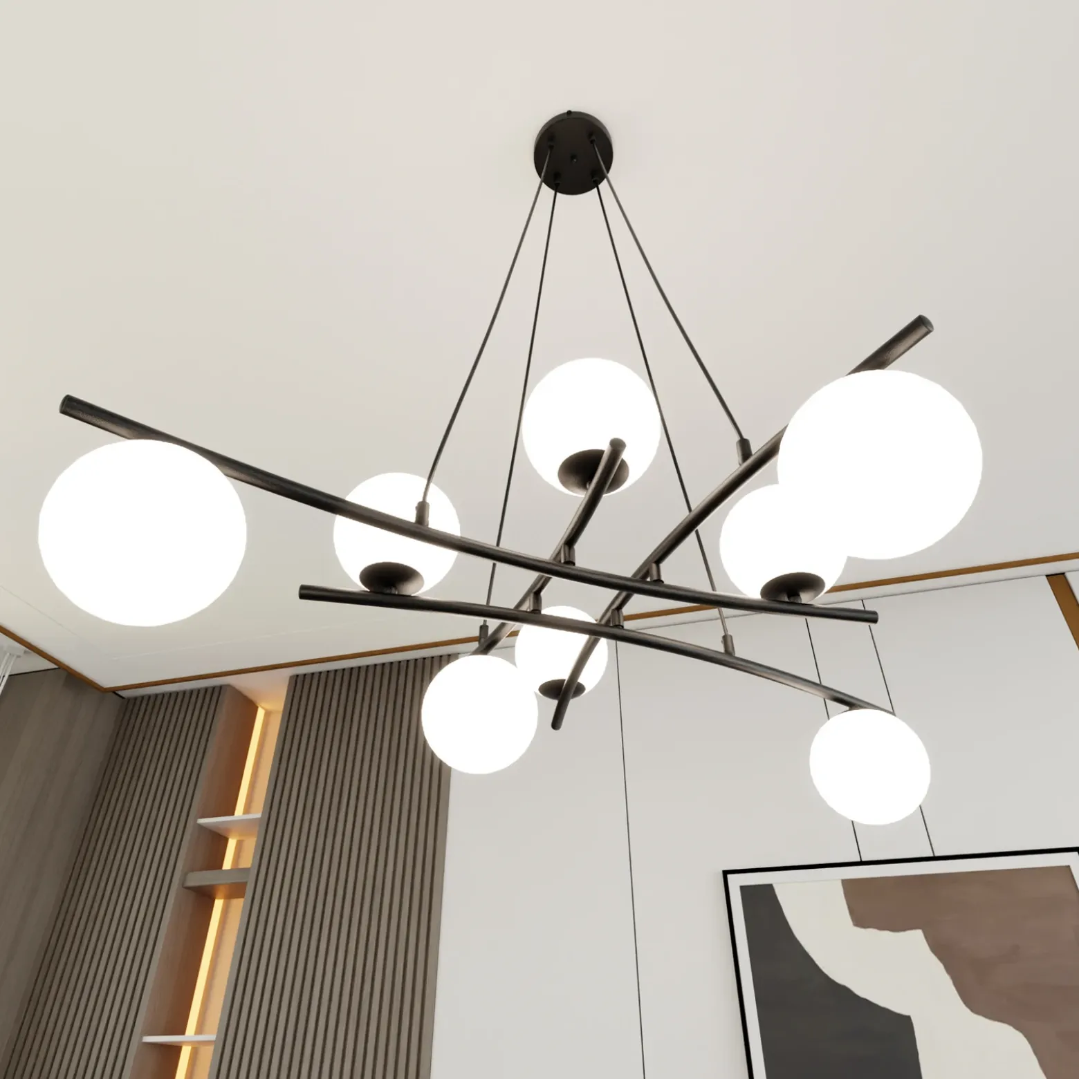 Lámpara colgante Glassy, cristal opalino, 100 cm, 8 luces, cruzadas