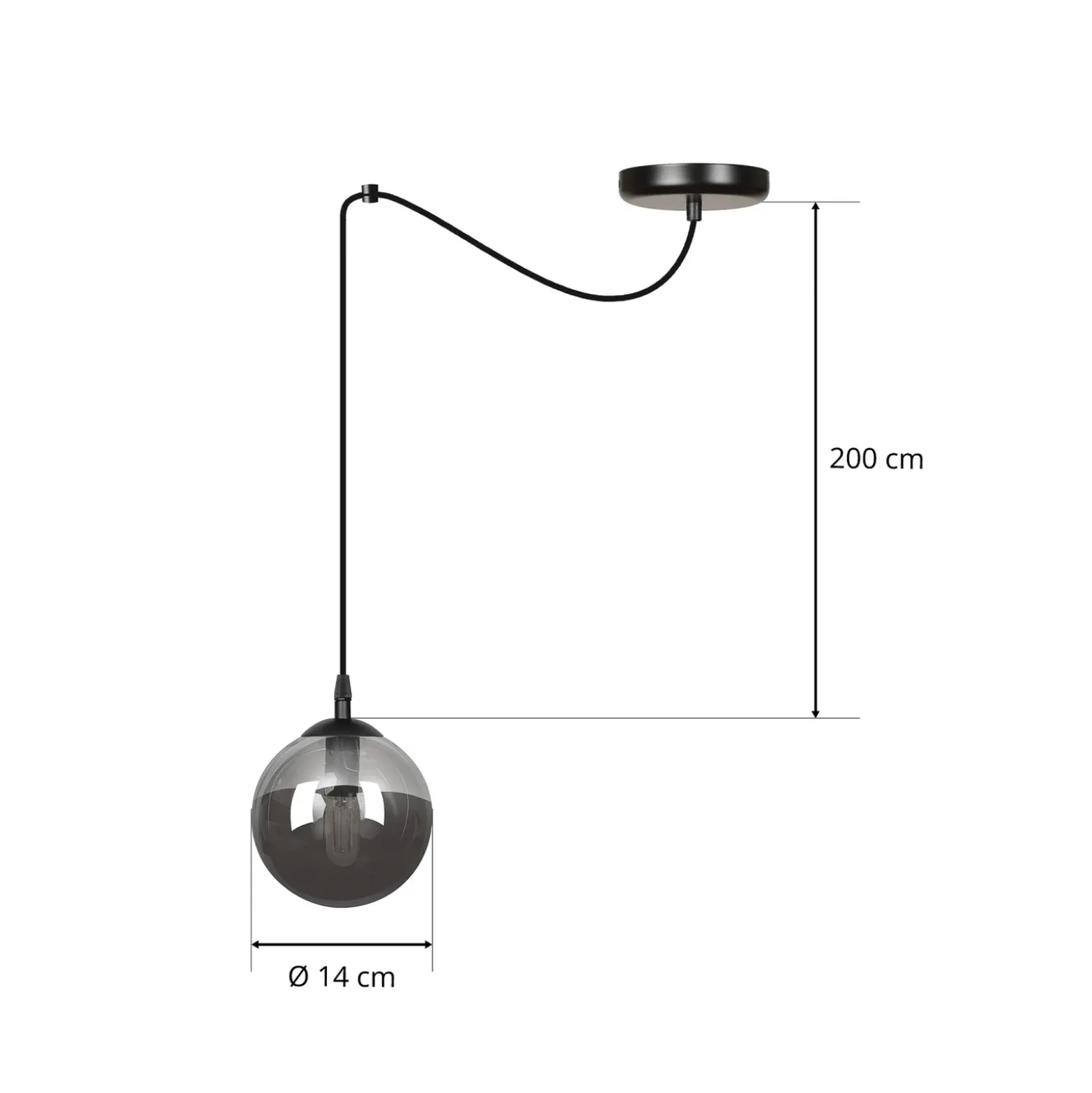 Lámpara colgante Glassy, descentrada, negra, grafito, cristal, 14 cm