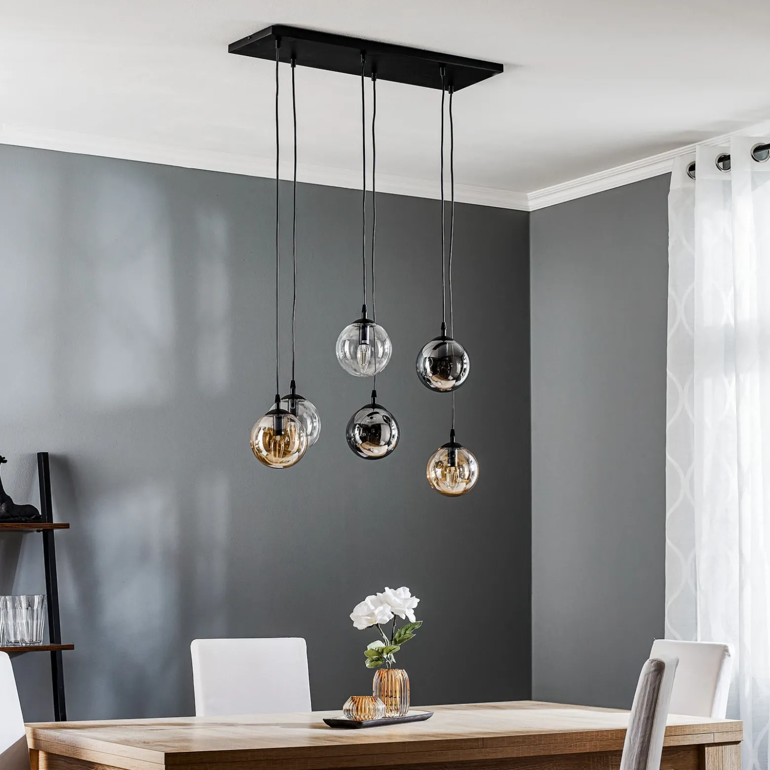 Lámpara colgante Glassy, 6 luces, grafito/ámbar/transparente, vidrio, 75 cm