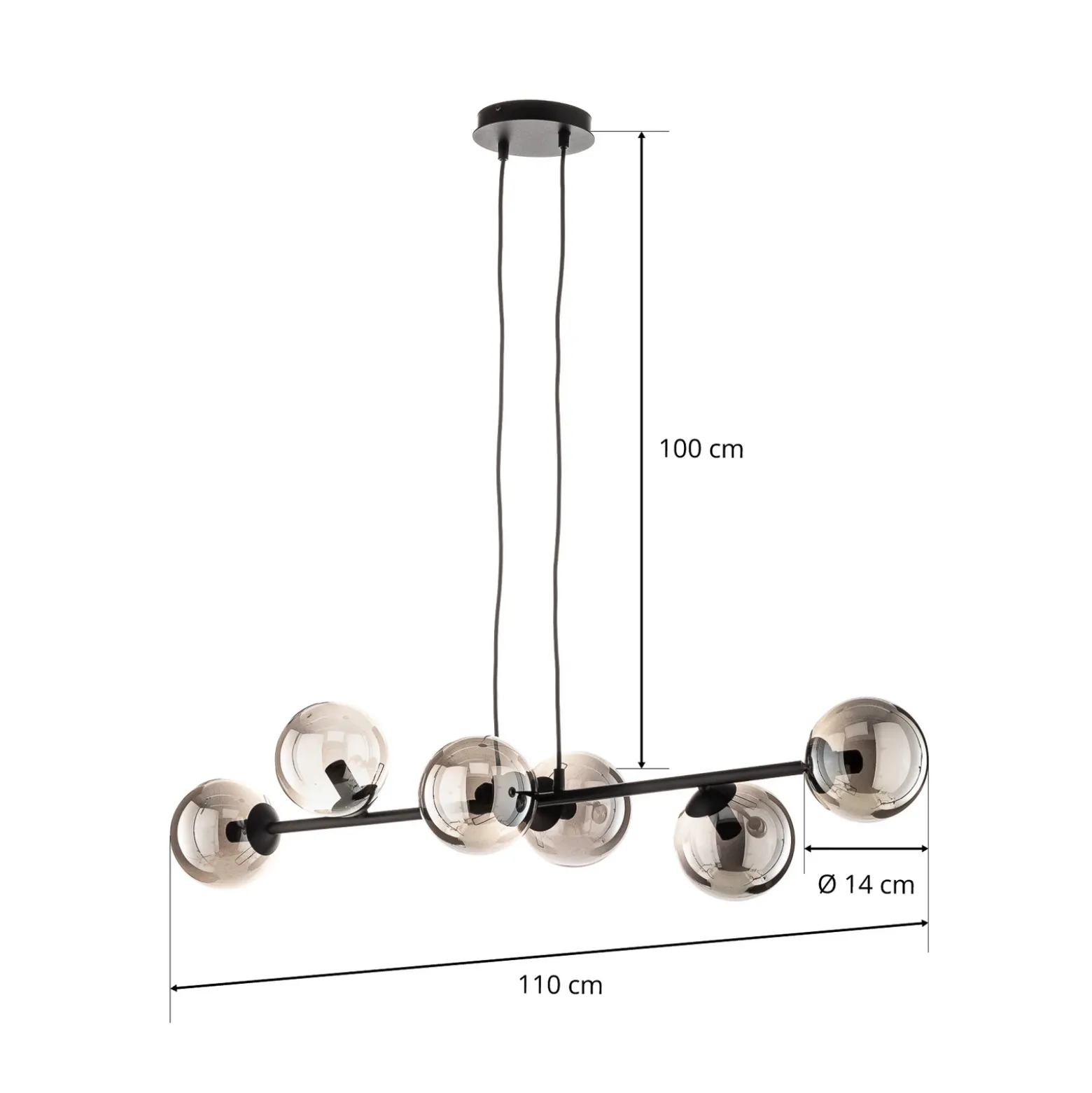 Lámpara colgante Glassy, 6 luces, negro, grafito, cristal, 110 cm