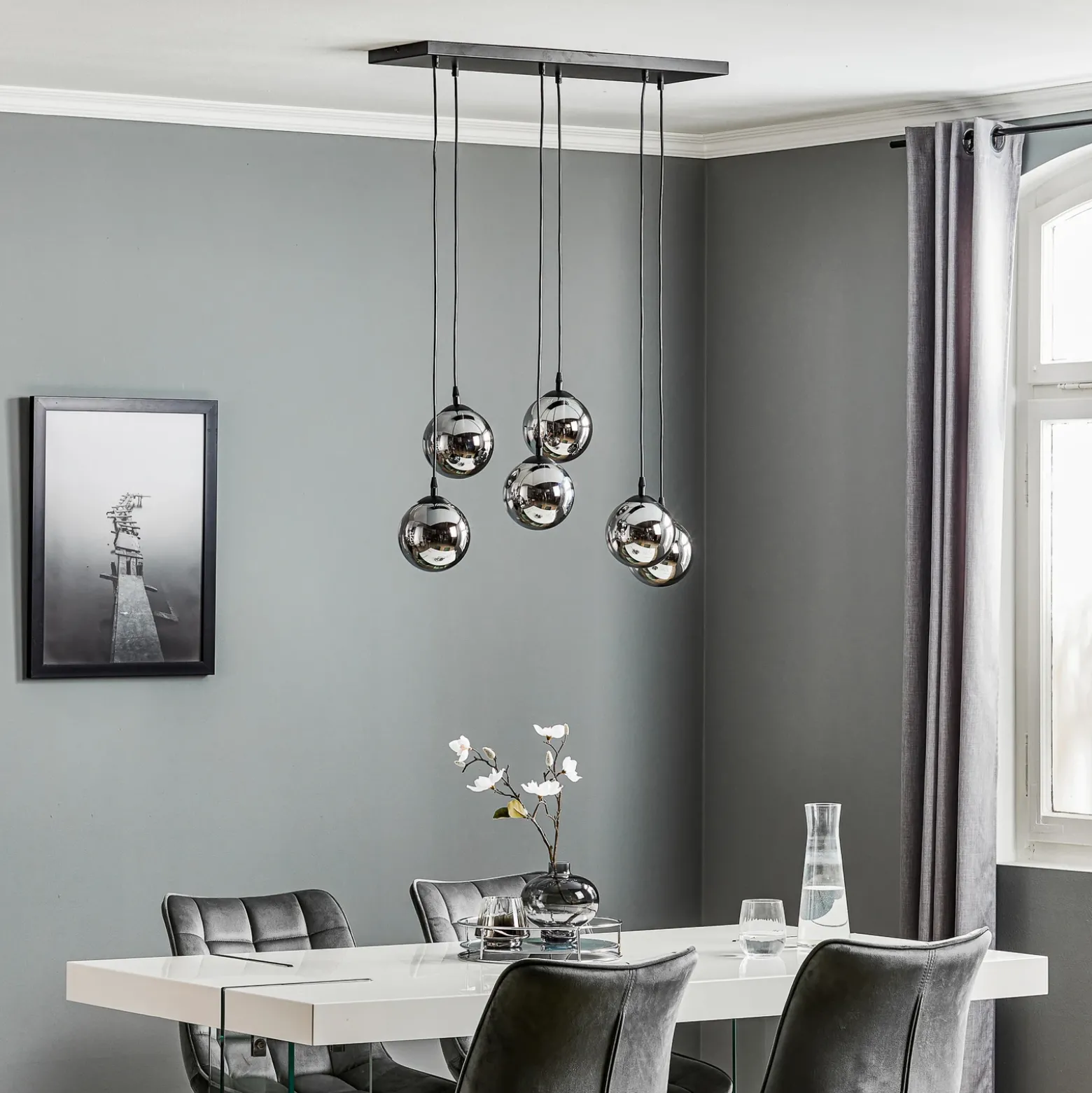 Lámpara colgante Glassy, 6 luces, negro, grafito, cristal, 75 cm