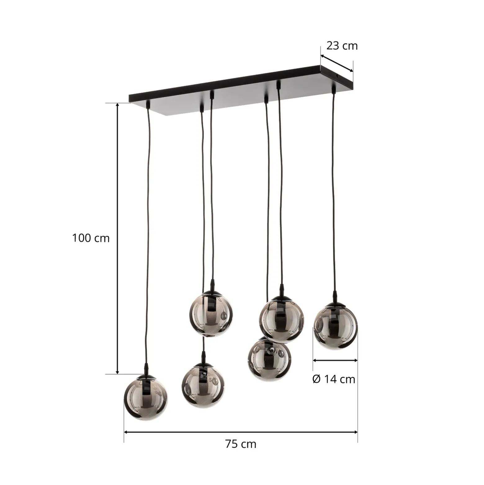 Lámpara colgante Glassy, 6 luces, negro, grafito, cristal, 75 cm
