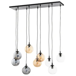 Lámpara colgante Glassy, 9 luces, negro, grafito/ámbar/transparente, E14