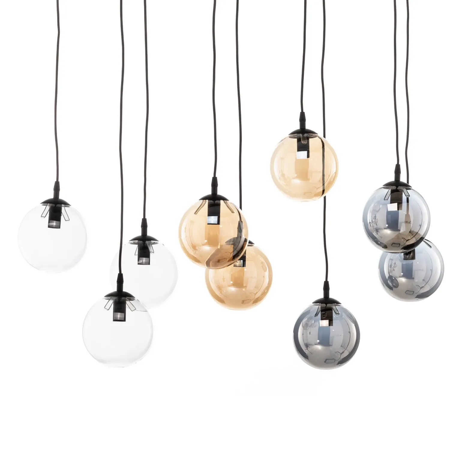 Lámpara colgante Glassy, 9 luces, negro, grafito/ámbar/transparente, E14