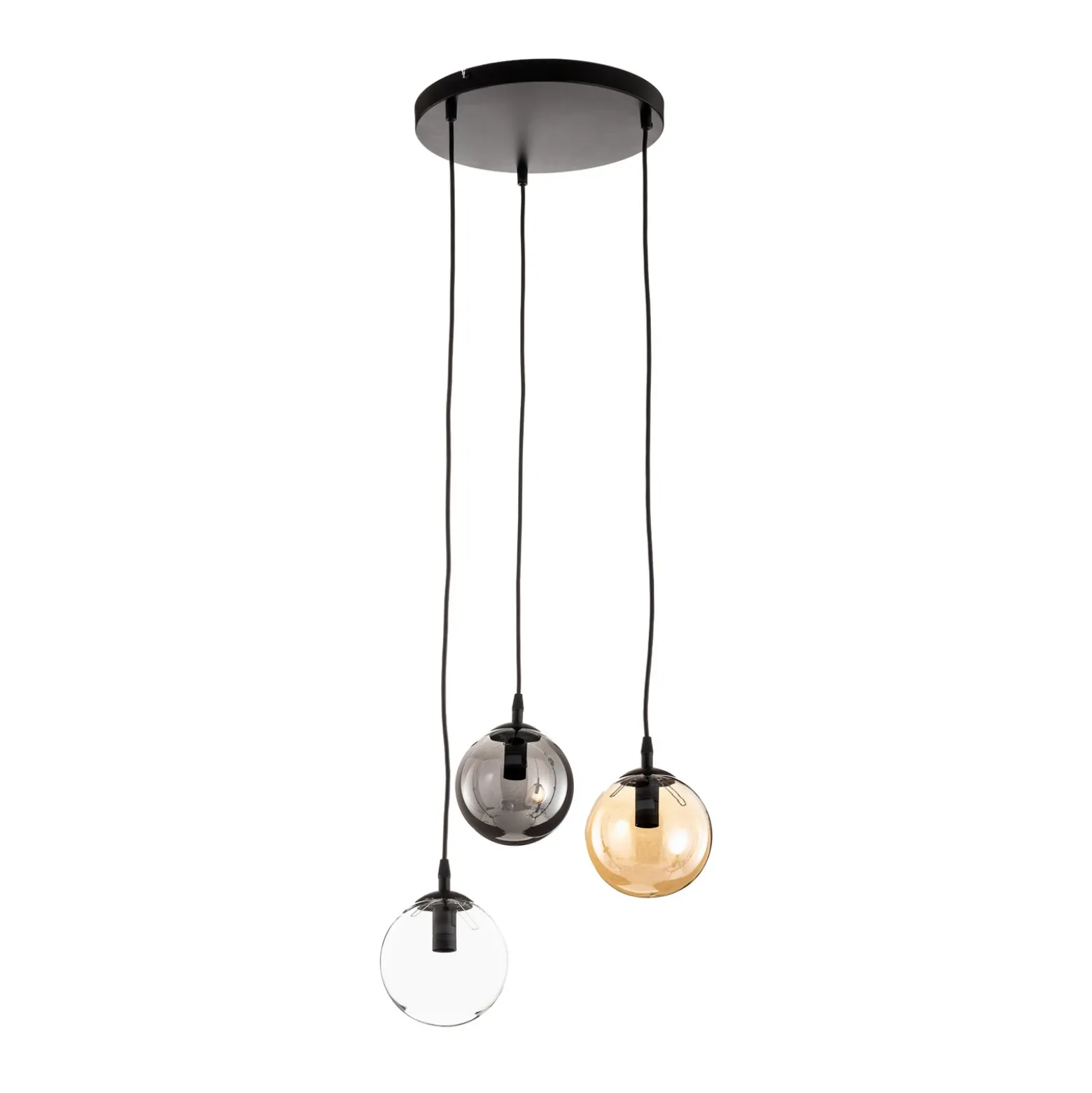 Lámpara colgante Glassy, 3 luces, redonda, grafito/ámbar/transparente, vidrio