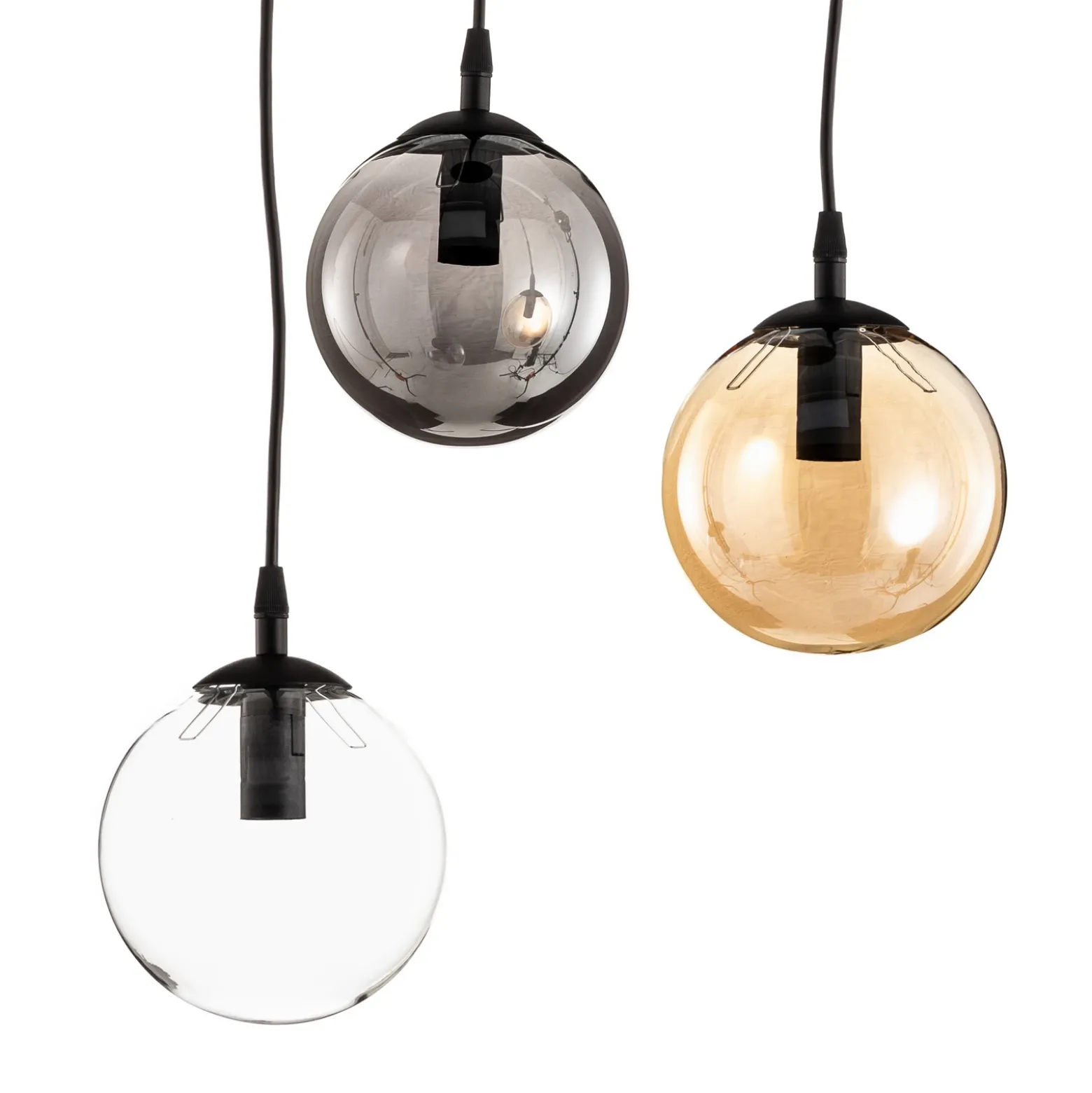 Lámpara colgante Glassy, 3 luces, redonda, grafito/ámbar/transparente, vidrio