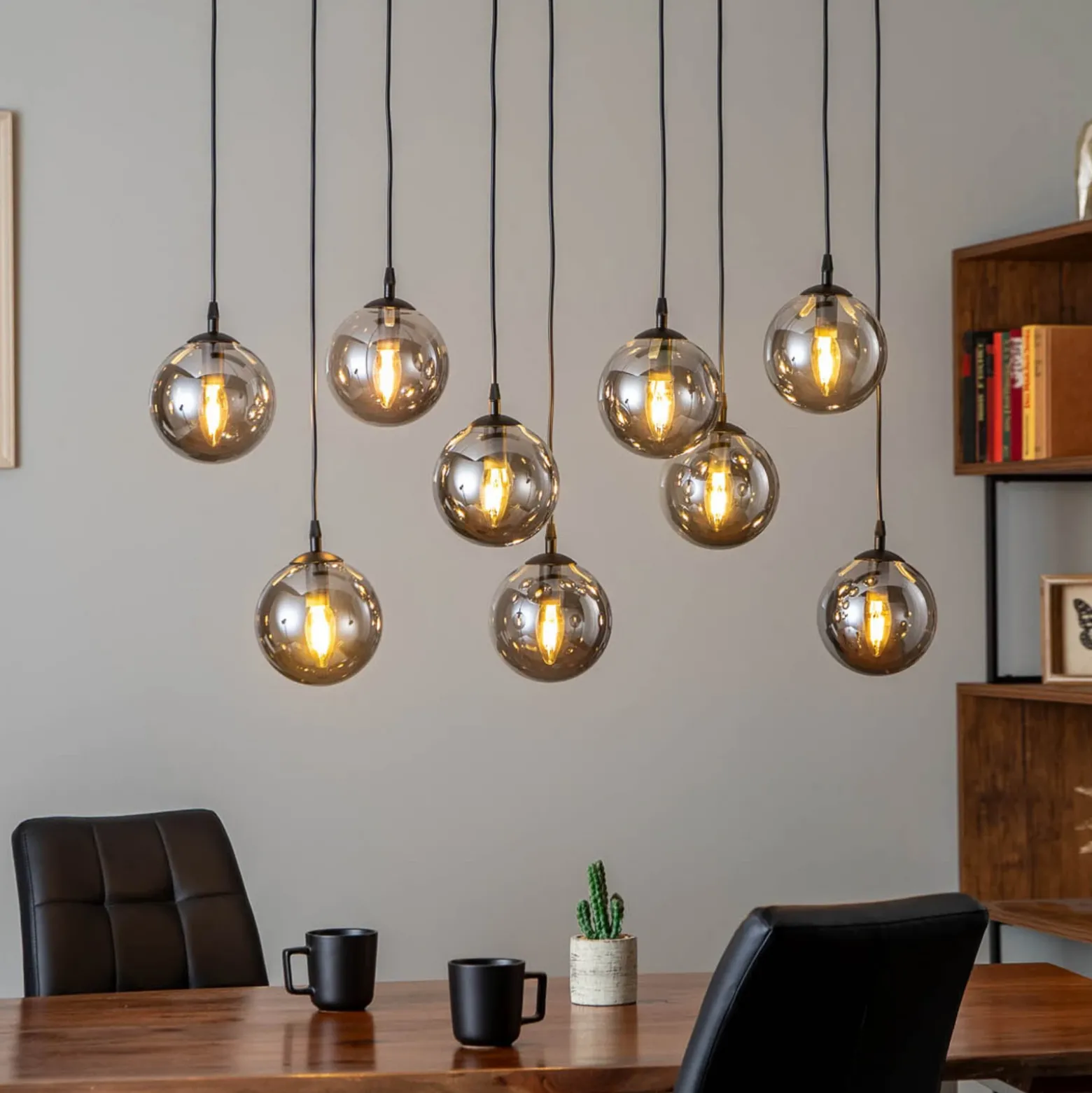 Lámpara colgante Glassy, 9 luces, negro, grafito, cristal, E14