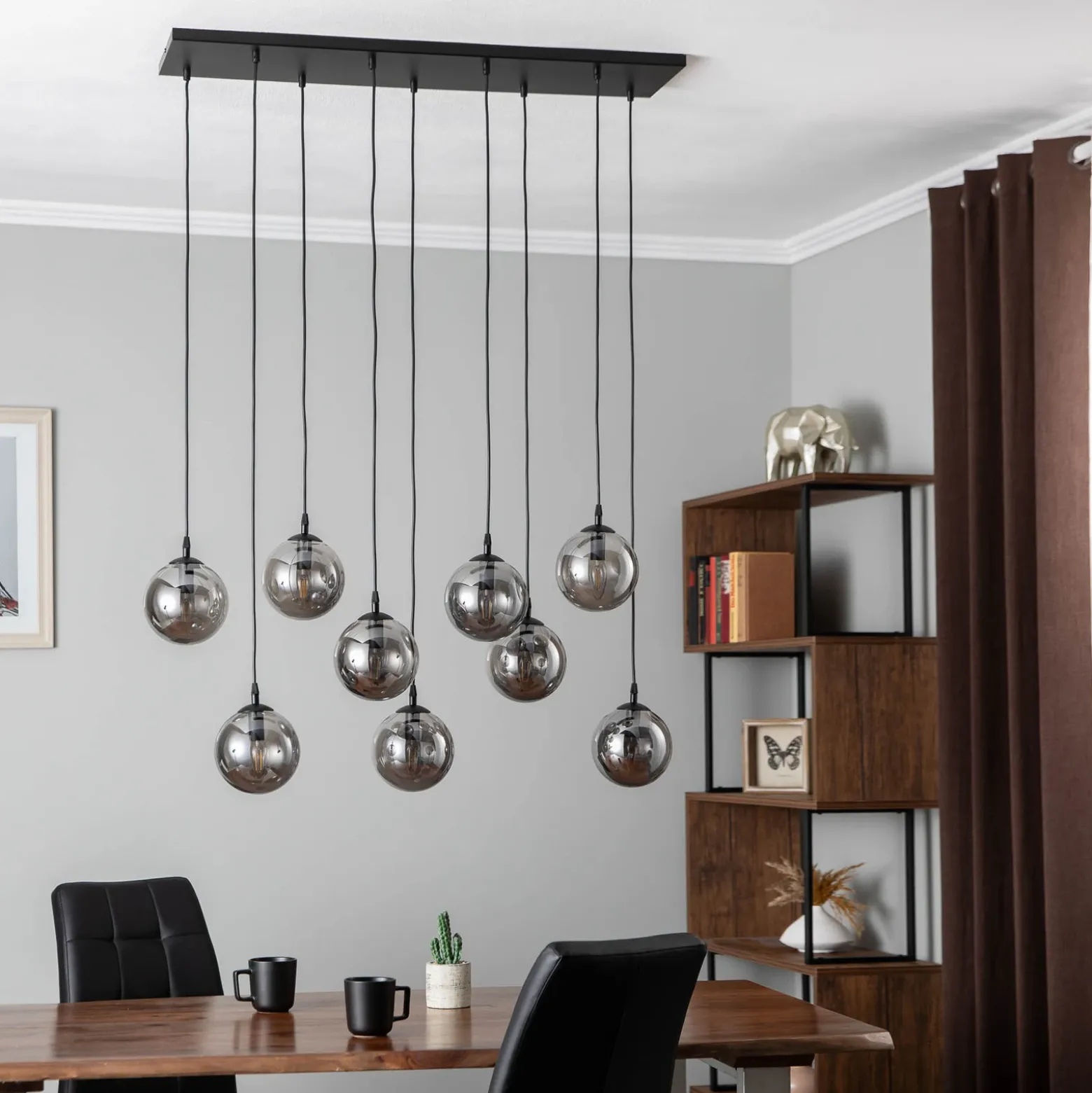 Lámpara colgante Glassy, 9 luces, negro, grafito, cristal, E14