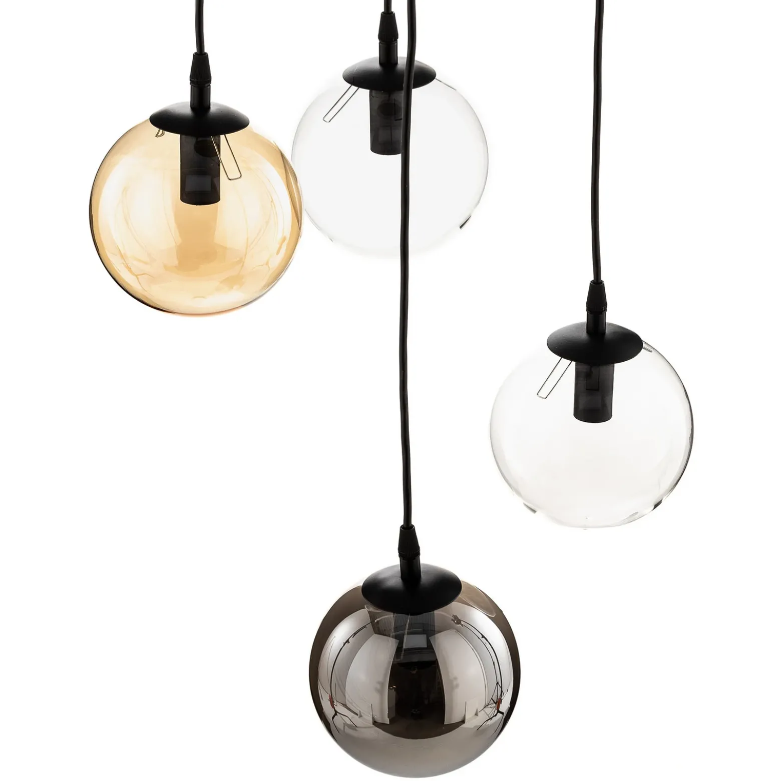Lámpara colgante Glassy, 4 luces, negro, grafito/ámbar/transparente, E14