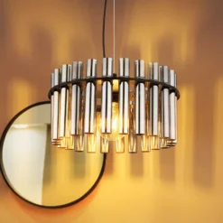 Lámpara colgante Gorley II, gris humo/negro, cristal, 38 cm, E27
