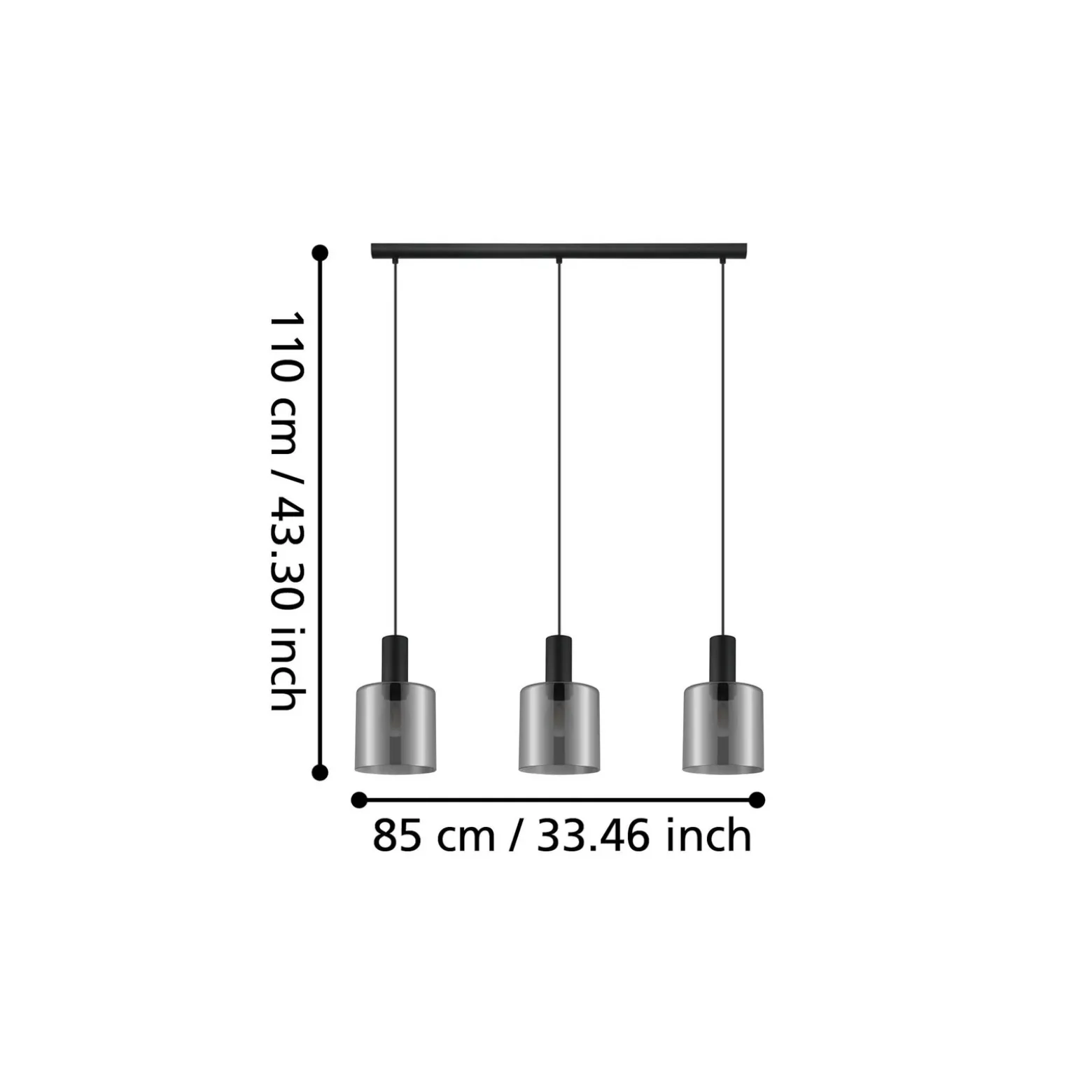 Lámpara colgante Gorosiba, negra, longitud 85 cm, acero/vidrio, 3 luces