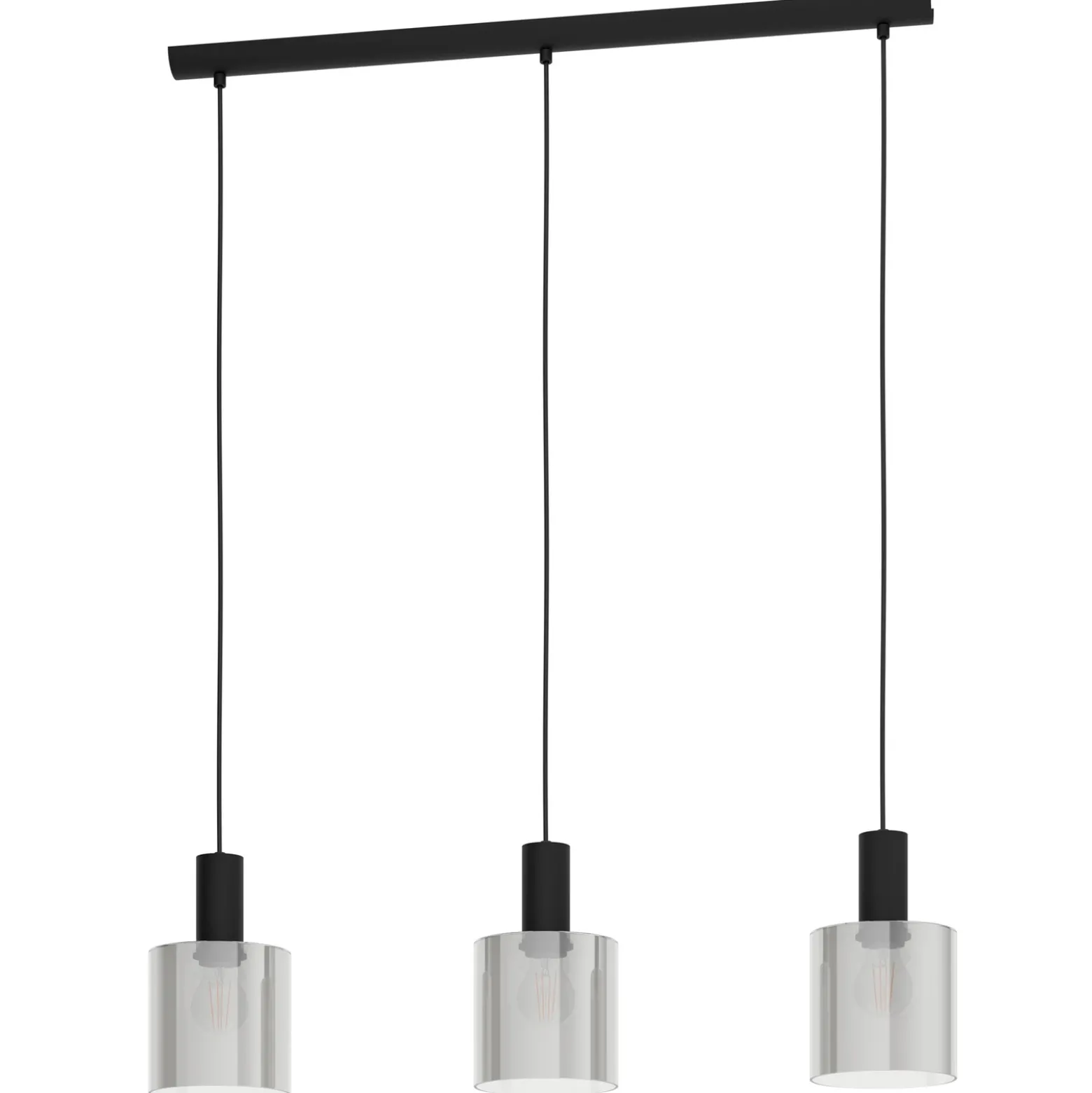 Lámpara colgante Gorosiba, negra, longitud 85 cm, acero/vidrio, 3 luces