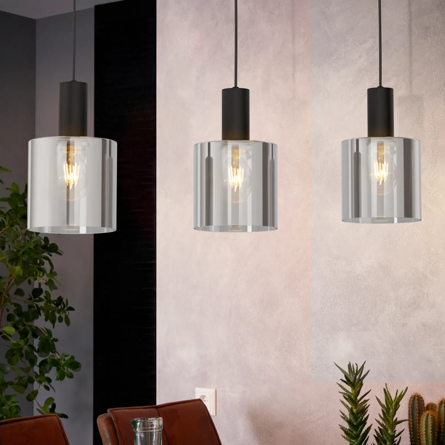 Lámpara colgante Gorosiba, negra, longitud 85 cm, acero/vidrio, 3 luces