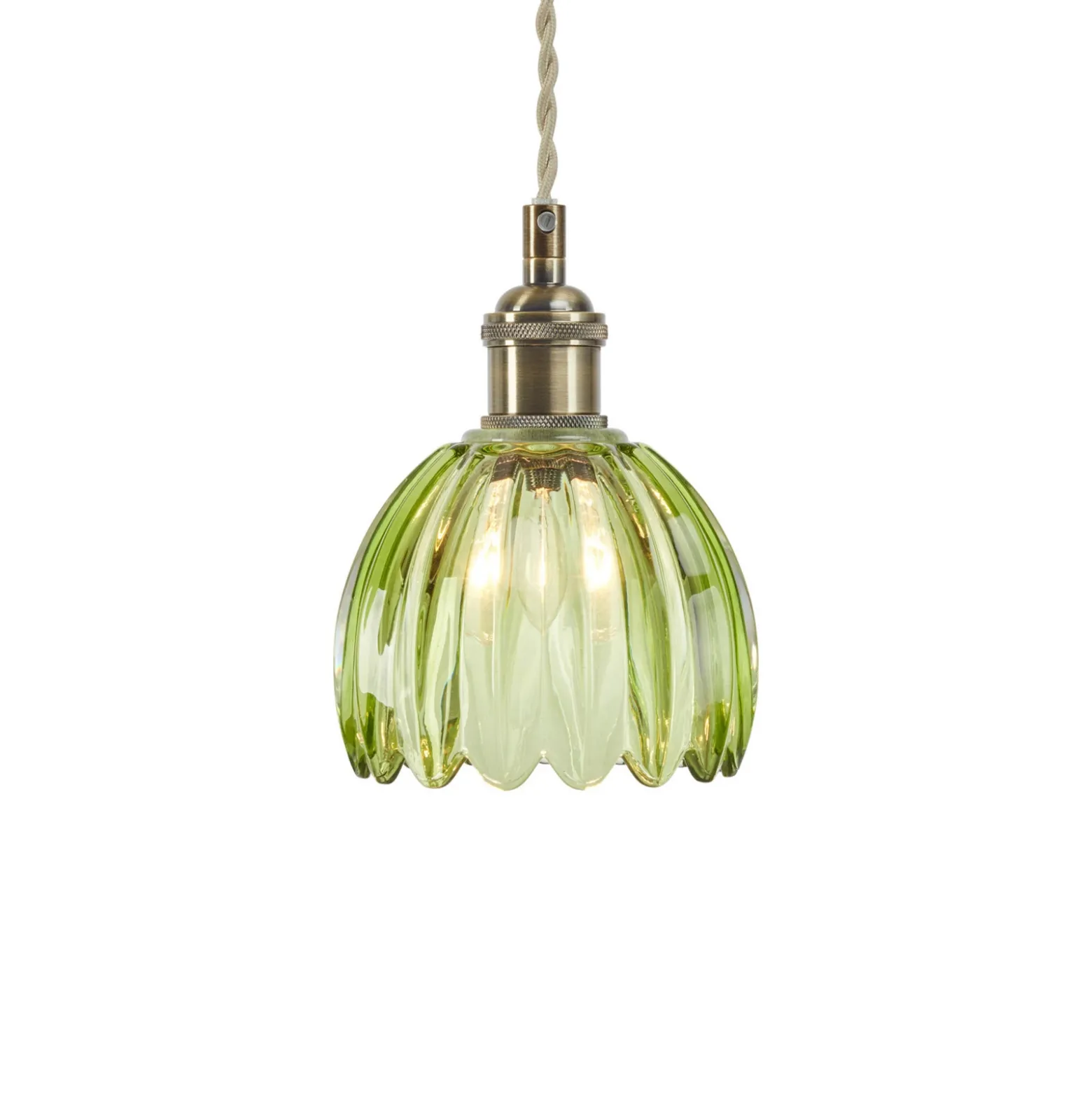 Lámpara colgante Gota, latón antiguo/verde, cristal, Ø 13 cm, enchufe