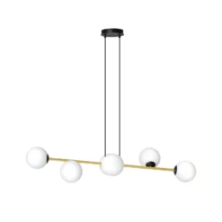 Lámpara colgante Gravity, blanco opalino/dorado/negro, cristal, E14