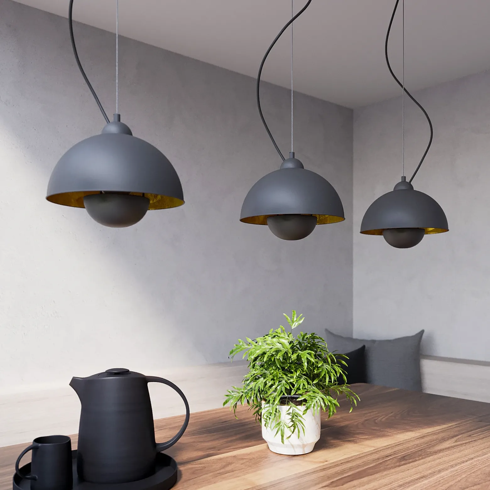 Lámpara colgante Gretja, tres luces, negro-oro