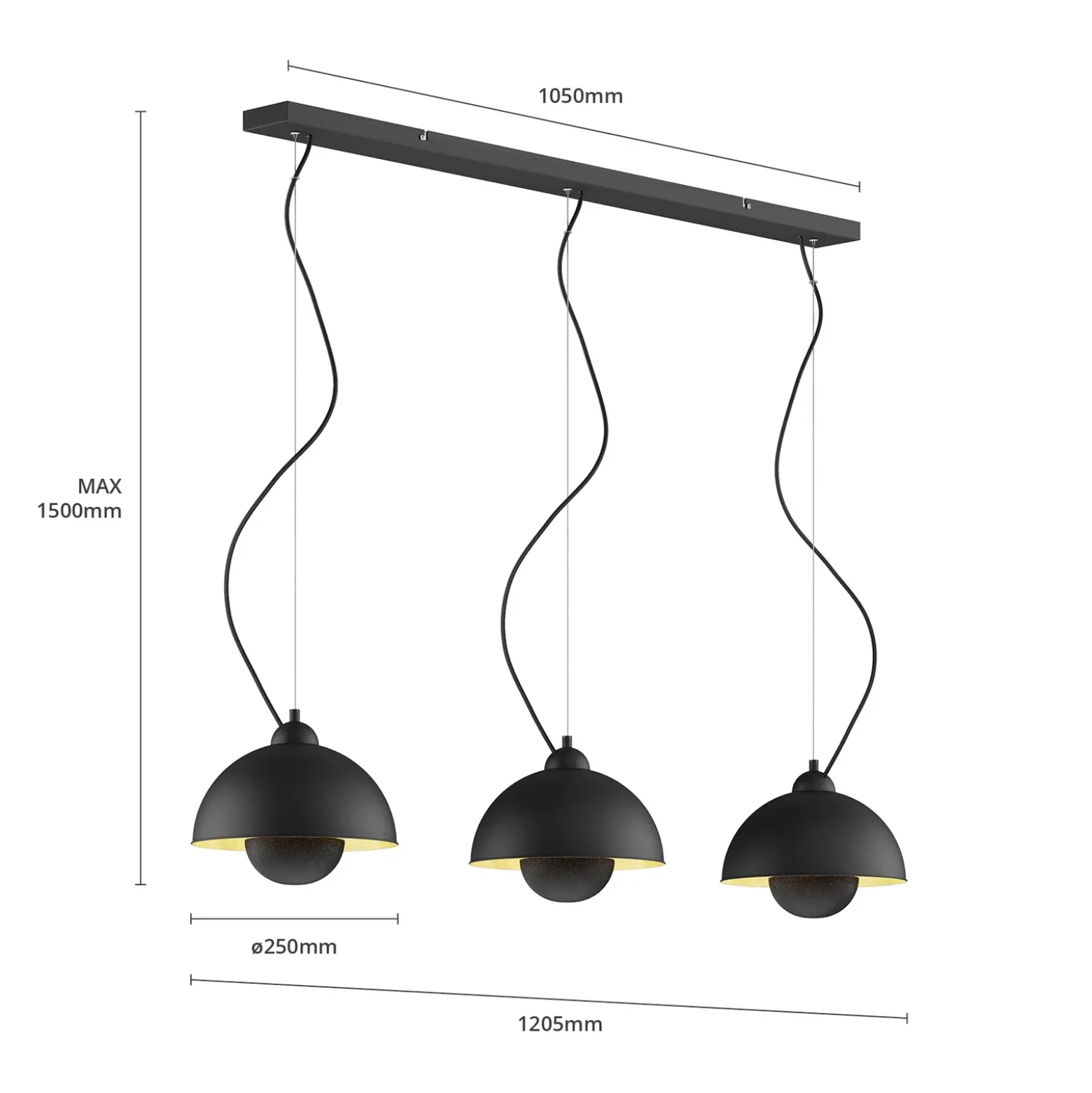 Lámpara colgante Gretja, tres luces, negro-oro