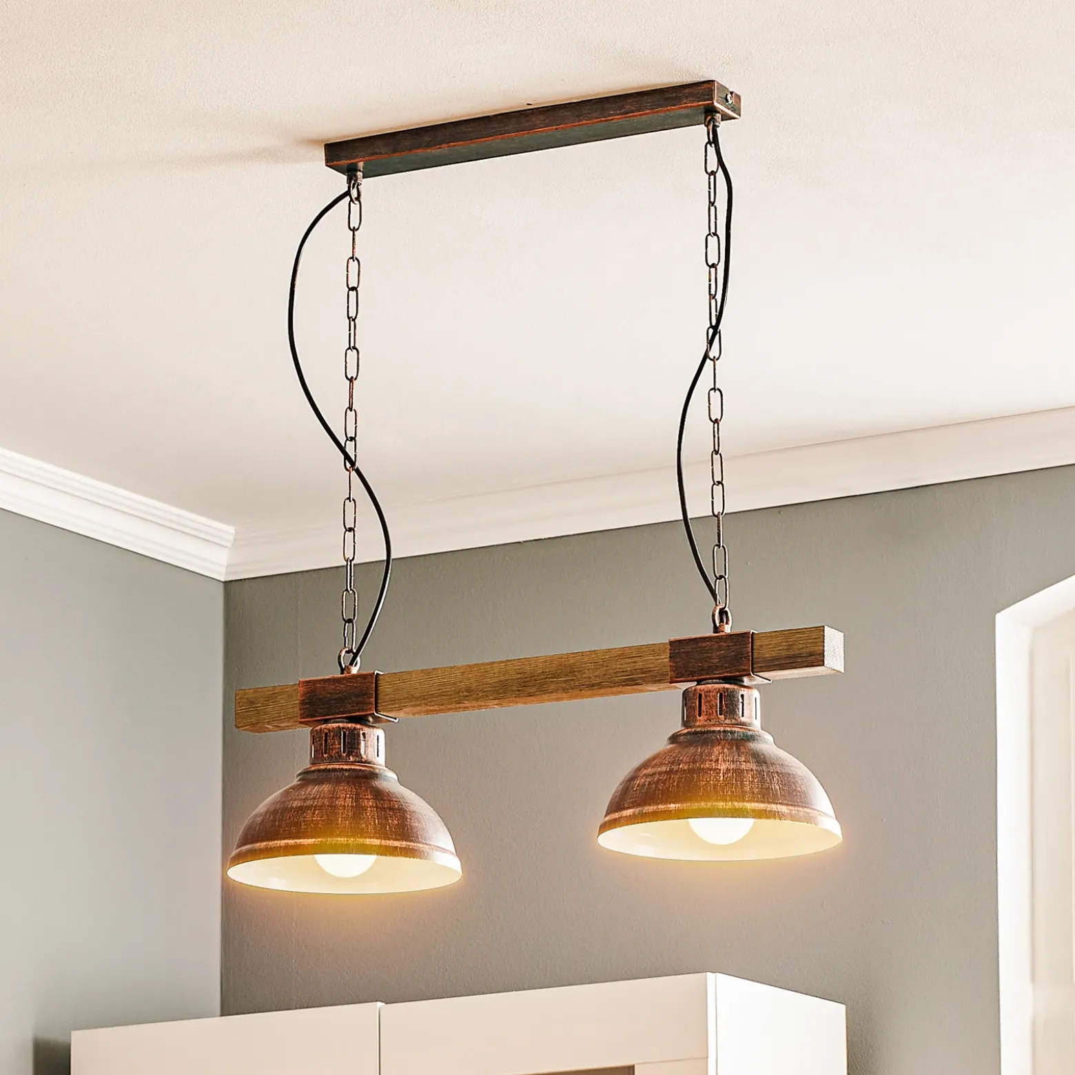 Lámpara colgante Hakon de 2 luces marrón óxido/madera natural